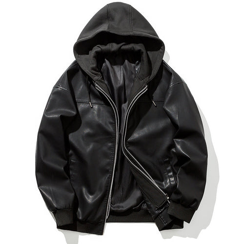 Herren Kunstleder‑Bomberjacke mit Kapuze, Reißverschluss und Rippbündchen Shop Nory
