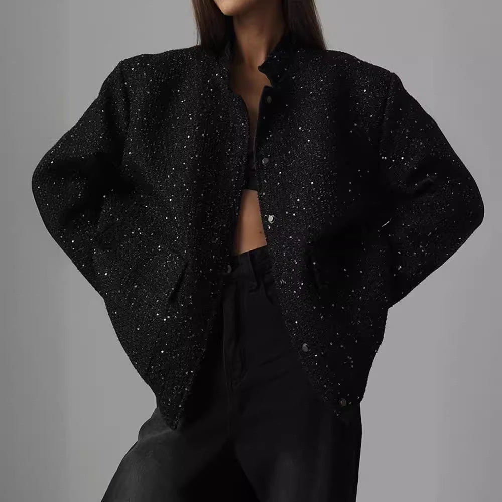 Damen Glamouröse Glitzerjacke mit oversized Schnitt und modischen Taschen