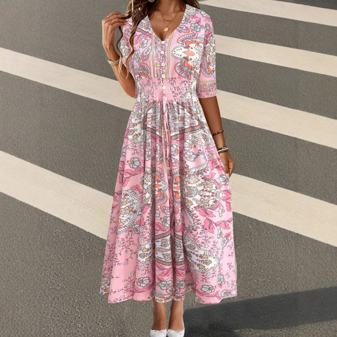 Damen Boho-Maxikleid mit V-Ausschnitt, Knopfleiste und Smokbund Shop Nory