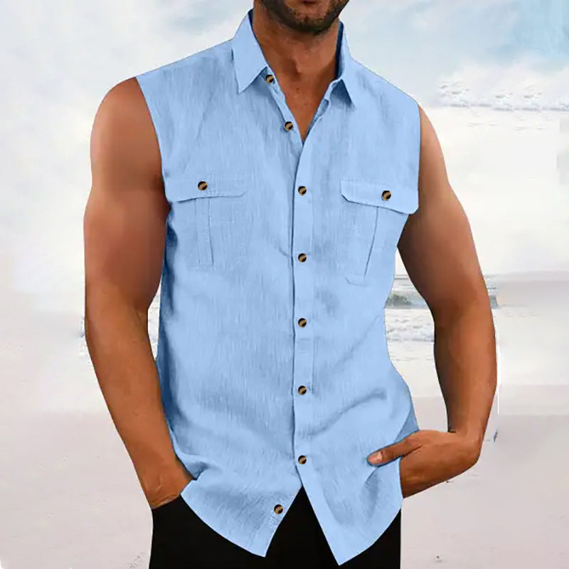 Herren ärmelloses Chambray-Hemd mit Brusttaschen und Knopfdetails