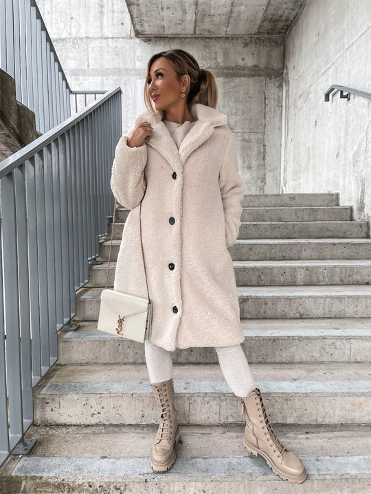 Damen Lange Teddy Faux-Shearling Knopf-Front Mantel mit Reverskragen Shop Nory