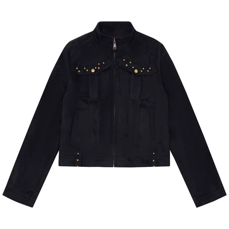 Damen Kurz geschnittene Velourslederjacke mit Stehkragen, Zier‑Nieten und Pattentaschen Shop Nory