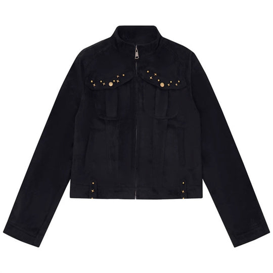 Damen Kurz geschnittene Velourslederjacke mit Stehkragen, Zier‑Nieten und Pattentaschen Shop Nory