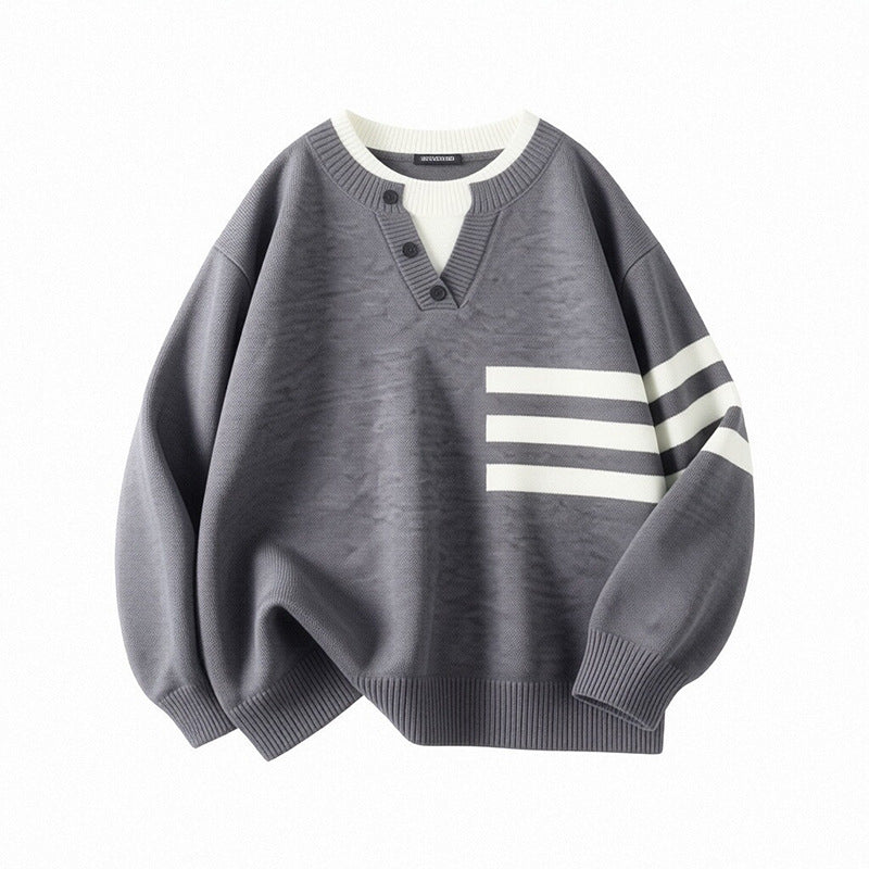 Damen Sportlicher Oversize Pullover mit Knopfleiste und Streifen Shop Nory