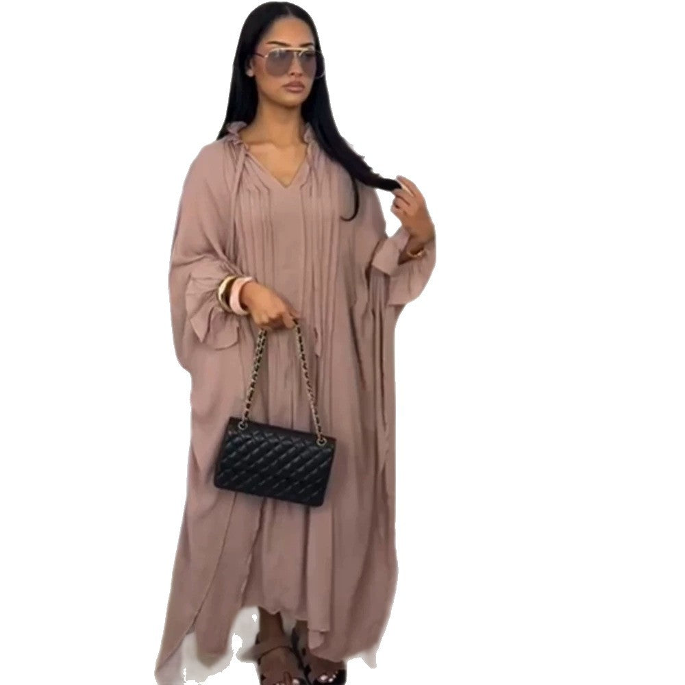 Damen Maxikleid im Kaftan-Stil mit Rüschenkragen, Bindebändern und voluminösen Ärmeln Shop Nory