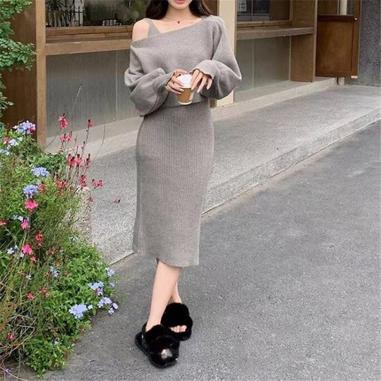 Damen Elegantes Strickkleid mit V-Ausschnitt und passendem Cardigan Shop Nory