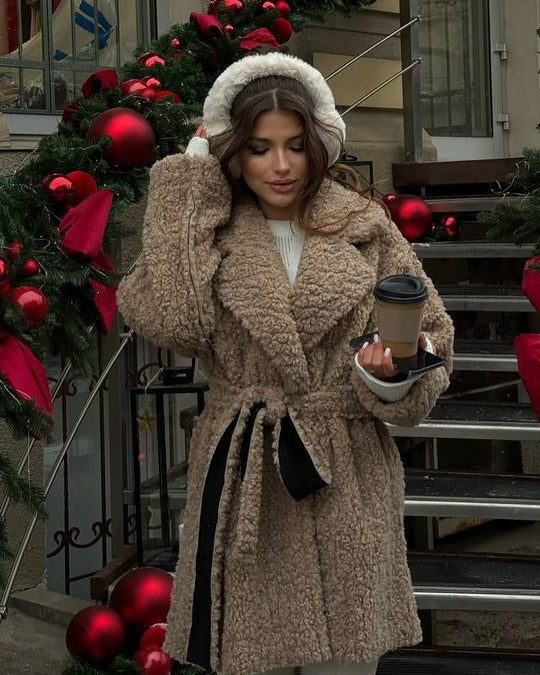 Damen Kurzer Oversized Wintermantel mit Teddy-Futter und Taillengürtel Shop Nory