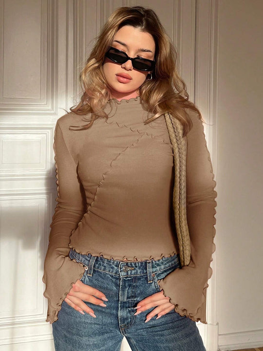 Damen Geripptes Langarmshirt mit Rüschen-Saum und Stehkragen Shop Nory