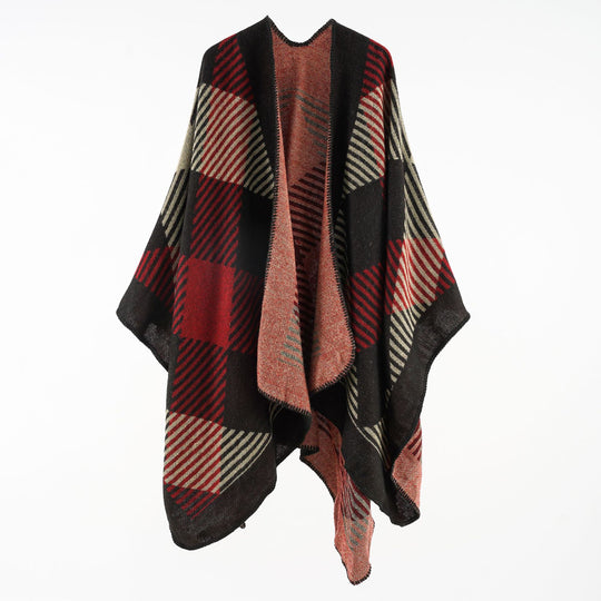 Damen Umhangponcho aus Wollmix mit geometrischem Streifen-Jacquard und offener Kantennaht Shop Nory