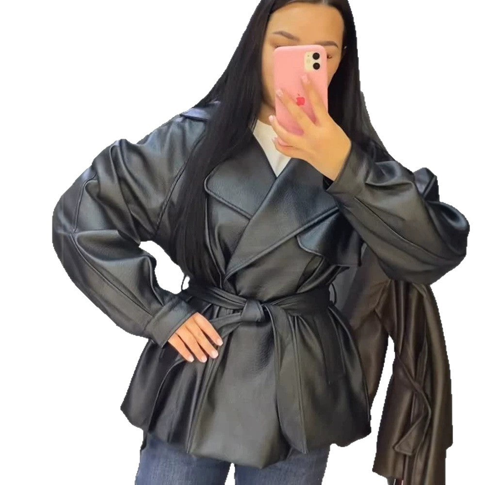 Damen Kurze Kunstleder-Wickeljacke mit Taillengürtel und übergroßem Revers Shop Nory