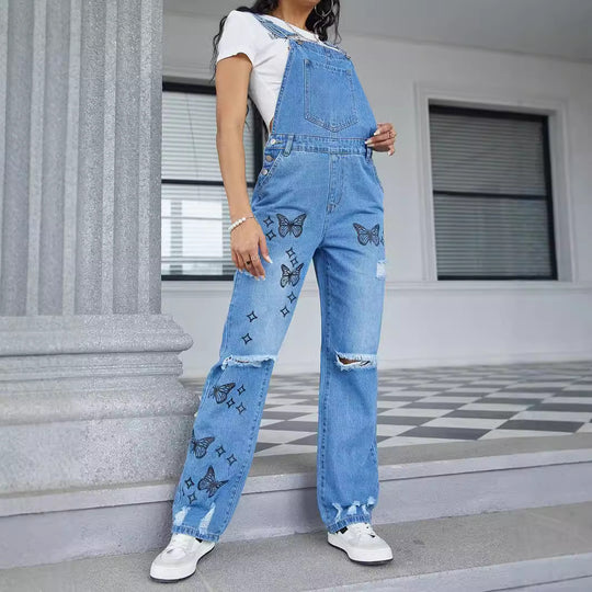 Damen Lässige Denim-Latzhose mit Schmetterlings-Print, distressed Knie & weitem Bein Shop Nory
