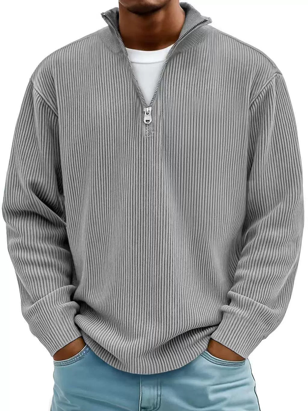 Herren Gerippter Halbzip-Strickpullover mit Stehkragen und lockerer Passform Shop Nory