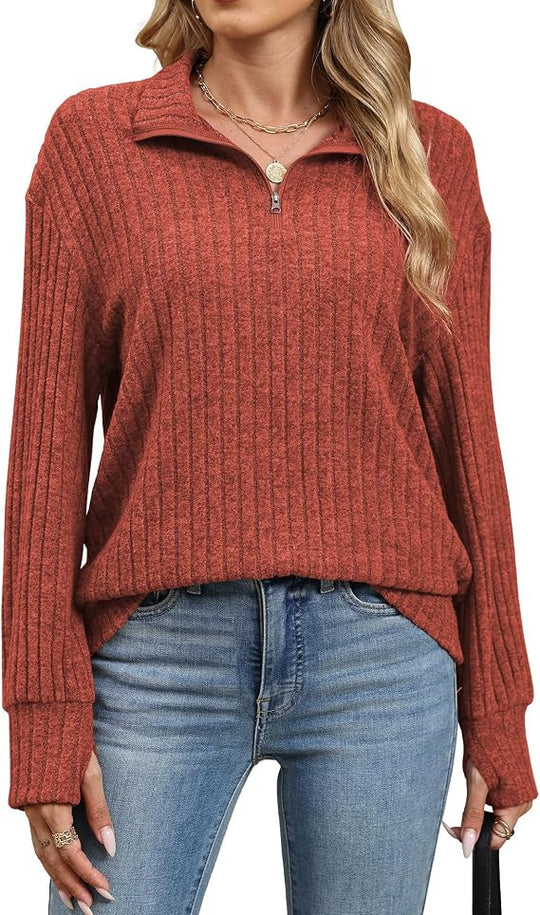 Damen Gerippter Halfzip-Pullover mit Stehkragen und Relaxed-Fit Shop Nory