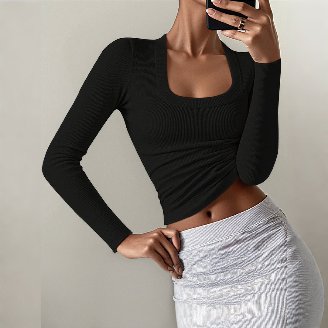 Damen nan figurbetontes Rippstrick-Longsleeve mit tiefem Quadrat-Ausschnitt Shop Nory