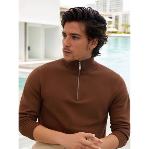 Herren Feinstrick-Halbzip-Pullover mit Stehkragen und Rippbündchen Shop Nory