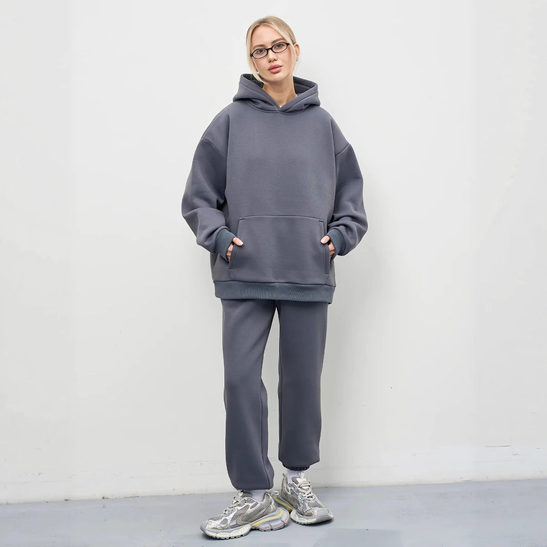 Damen lässiges Kapuzen-Sweatset aus schwerer Baumwollfleece mit Kängurutasche und gerader Jogginghose Shop Nory