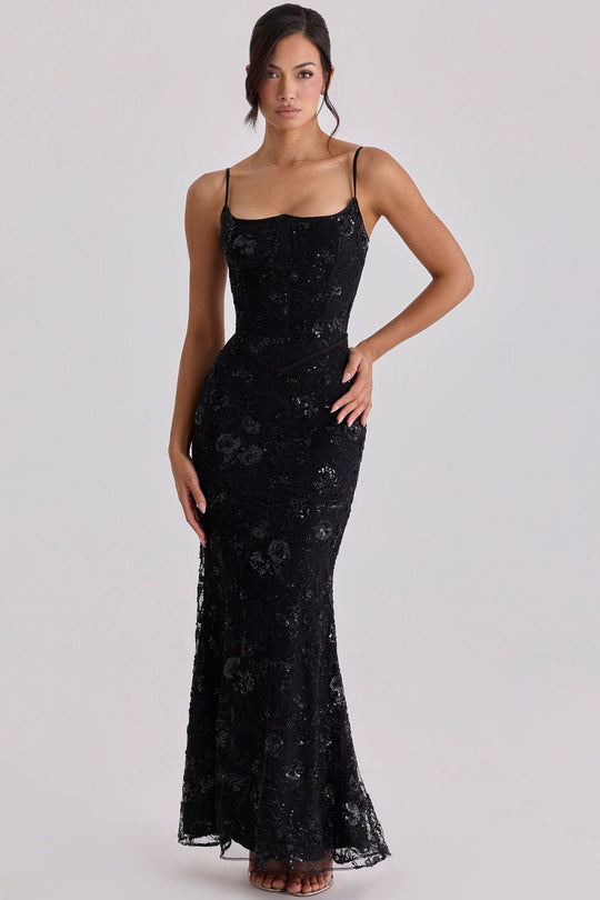 Damen nan elegantes besticktes Abendkleid mit Korsettoberteil und transparentem Spitzenüberzug