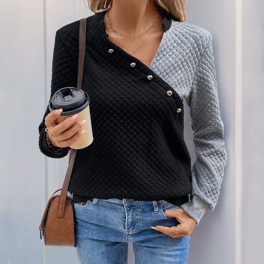 Damen Stepp-Sweatshirt mit asymmetrischem Revers, Zierdruckknöpfen und Colorblock-Ärmeln Shop Nory