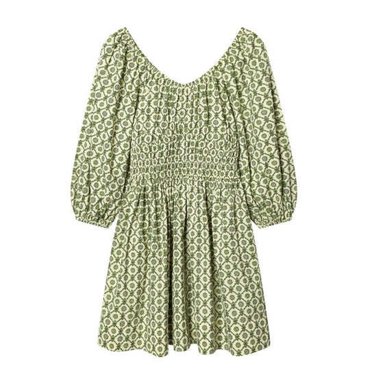 Damen Blumenkleid mit Smok-Taillierung und voluminösen Puffärmeln Shop Nory