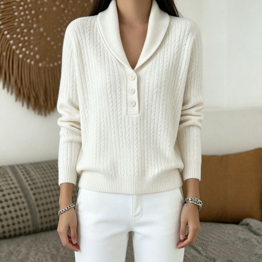 Damen Strickpullover mit Schalkragen, Zopfmuster und Knopfleiste Shop Nory