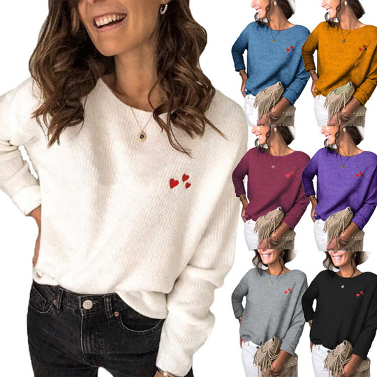 Damen Leichter Feinstrickpullover mit U-Boot-Ausschnitt, lockerem Sitz und Herzstickerei Shop Nory