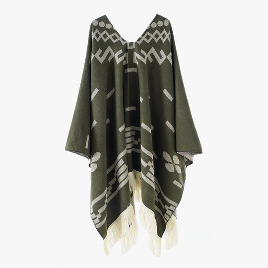 Damen Oversize Poncho im Boho‑Stil mit V‑Ausschnitt, Jacquard‑Muster und langen Fransen Shop Nory
