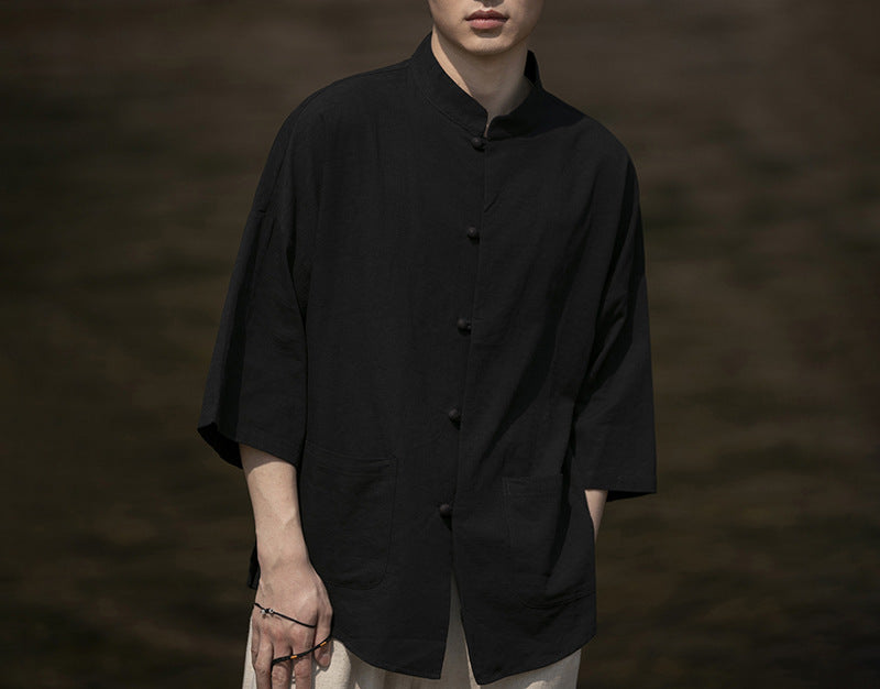 Herren Oversize Hemd im Kimono-Stil aus Leinen-Baumwollmix mit Stehkragen Shop Nory