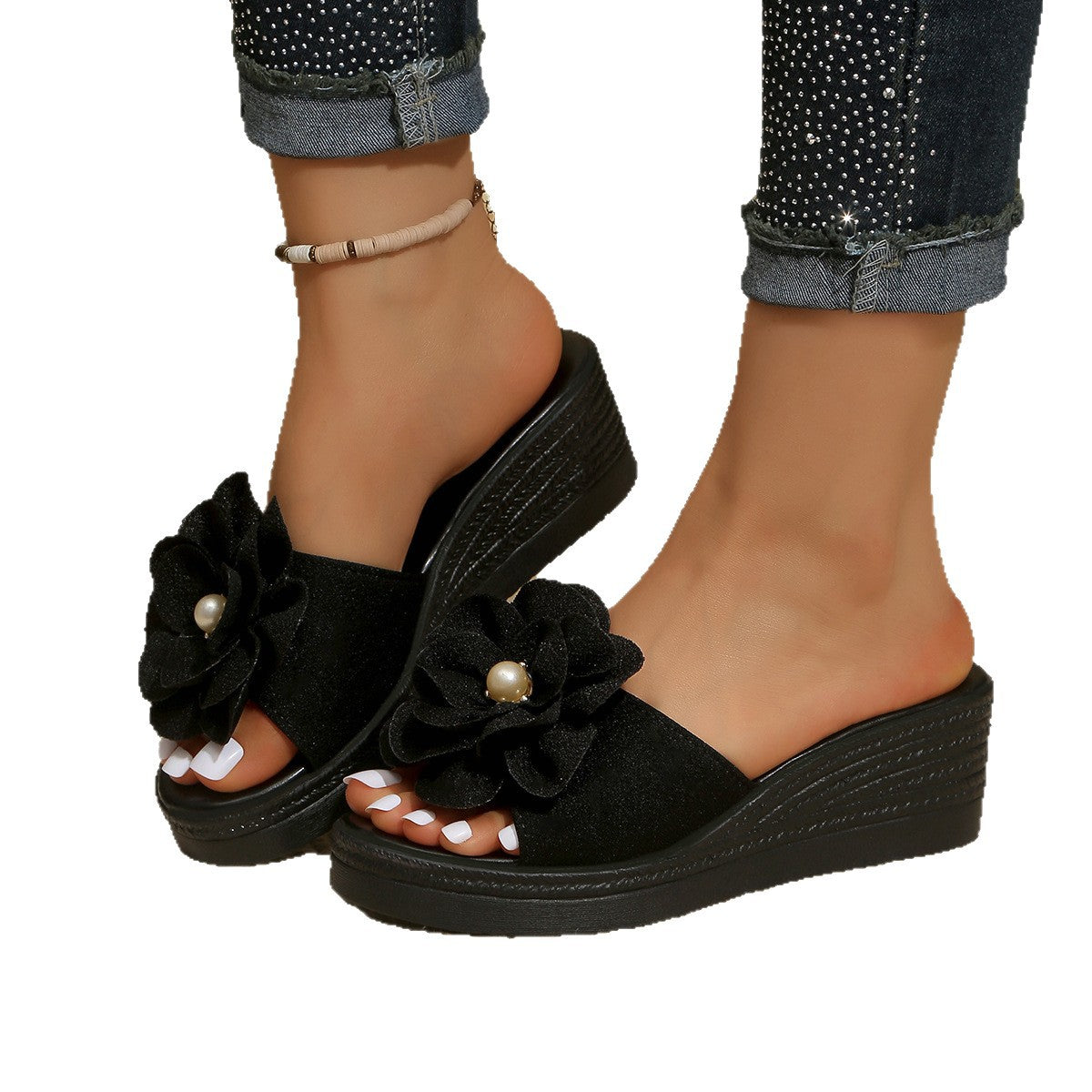 Damen Wedge-Pantoletten mit blütenförmigem Design und bequemer Sohle Shopnory