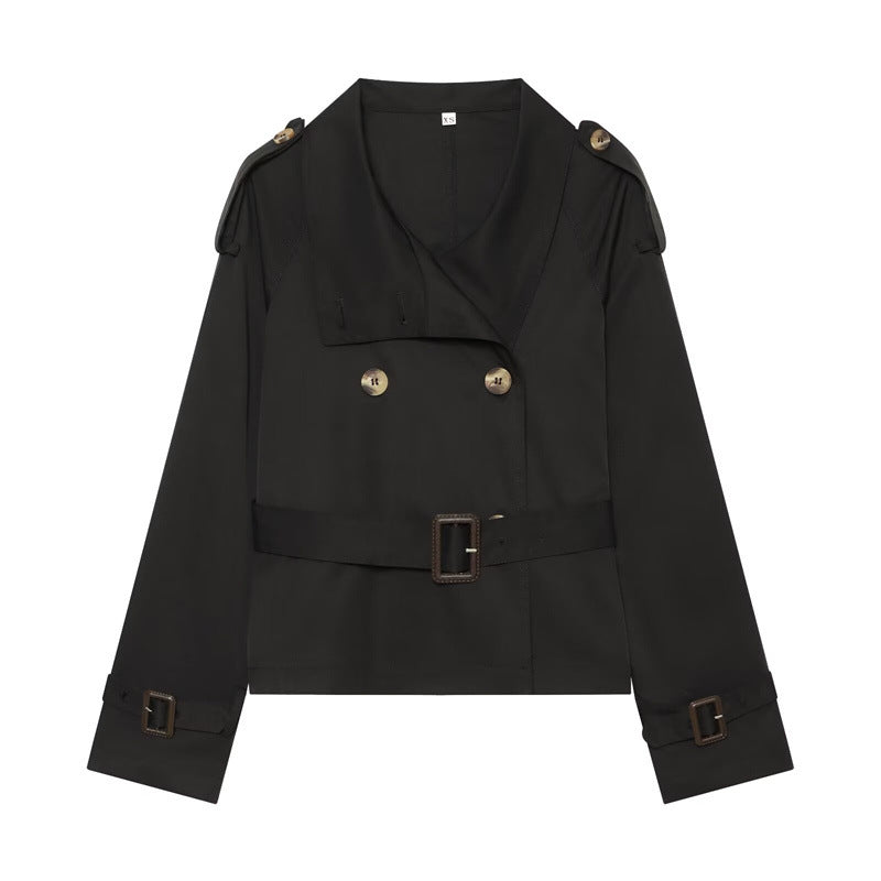 Damen Kurzer Boxy-Trench mit Doppelreiher, Taillengürtel und Schulterklappen Shop Nory