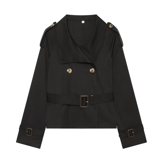 Damen Kurzer Boxy-Trench mit Doppelreiher, Taillengürtel und Schulterklappen Shop Nory