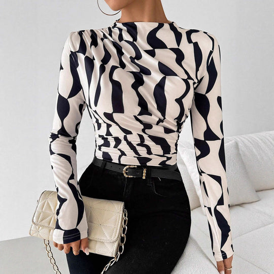Damen nan tailliertes Langarmshirt mit seitlicher Raffung und Wasserfallausschnitt