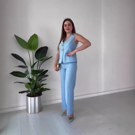 Damen Ärmelloses Tailoring-Set mit taillierter Weste, Zierknöpfen und weiter Palazzo-Hose Shop Nory
