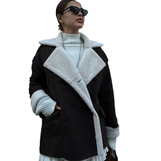 Damen Oversized Fliegerjacke aus Lammfellimitat mit Doppelreihiger Knopfleiste Shop Nory