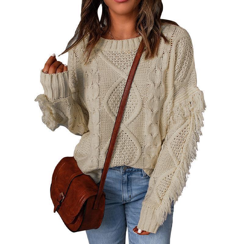Damen Grobstrick-Pullover mit Zopfstruktur, fransigen Ärmeln und legerer Oversize-Passform Shop Nory