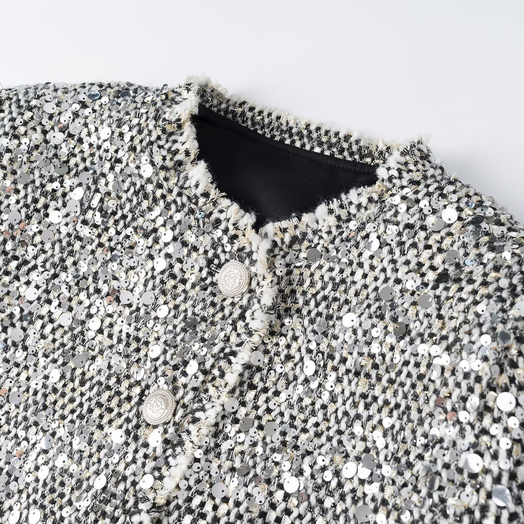 Damen Kurzjacke im Bouclé‑Stil mit Paillettenbesatz und Perlmuttknöpfen Shop Nory