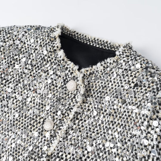 Damen Kurzjacke im Bouclé‑Stil mit Paillettenbesatz und Perlmuttknöpfen Shop Nory