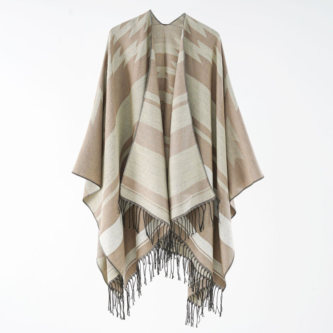Damen Langer Reversfreier Webponcho im Umhangstil mit dezentem Zackenmuster und Fransensaum Shop Nory