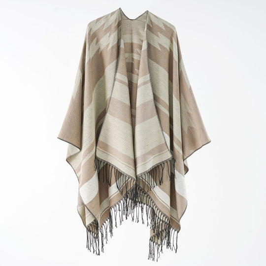 Damen Langer Reversfreier Webponcho im Umhangstil mit dezentem Zackenmuster und Fransensaum Shop Nory