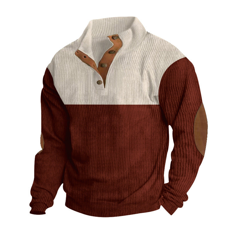 Herren Gerippter Halbkragen‑Henley‑Pullover mit Knopfleiste und Leder‑Ellbogenpatches Shop Nory