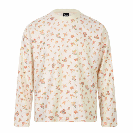 Damen Waffelstrick-Langarmshirt mit Allover-Schmetterlingsprint und Rundhals Shop Nory