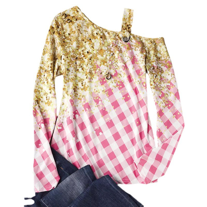 Damen Schulterfreies Langarmshirt mit Gingham-Karo und One-Shoulder-Riemen Shop Nory