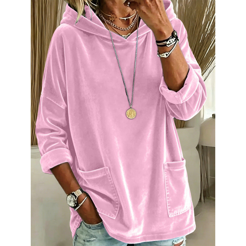 Damen Samt-Hoodie mit Kapuze, Oversize-Schnitt und aufgesetzten Taschen Shop Nory