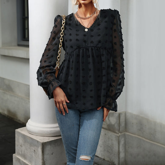 Damen Transparente Chiffon‑Bluse mit V‑Ausschnitt, erhabener Punkte‑Textur und Babydoll‑Silhouette Shop Nory