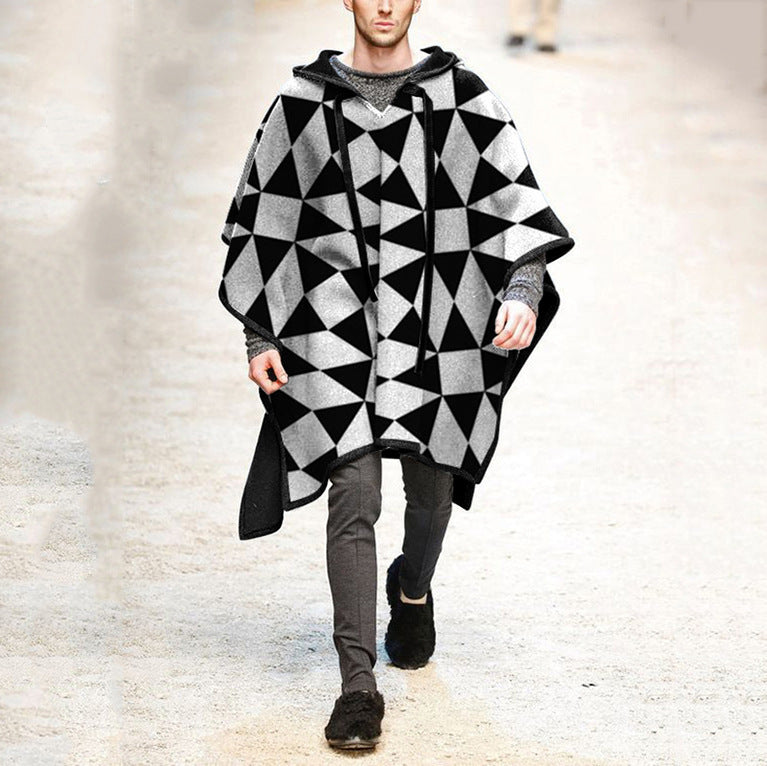 Herren Oversized Kapuzenponcho aus Strick mit geometrischem Mosaikmuster Shop Nory