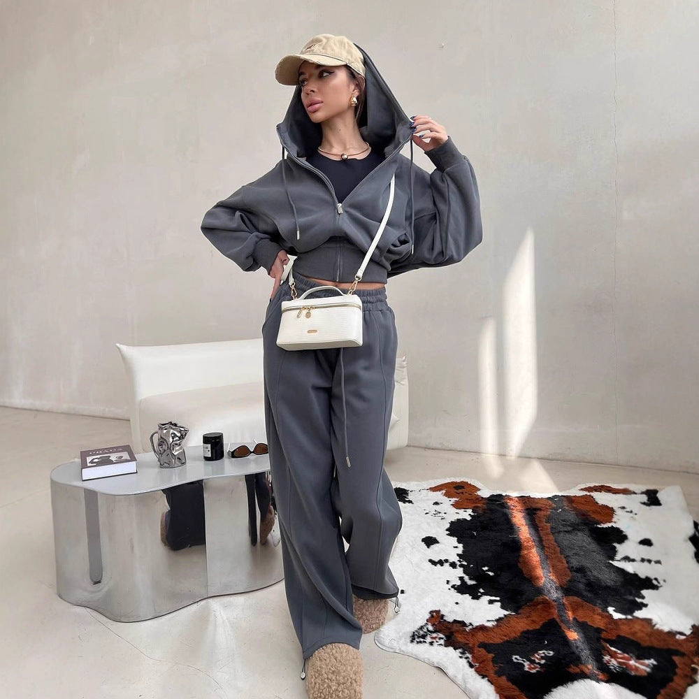 Damen kurzes Kapuzen-Sweatjacke mit Balloonärmeln und elastischer High-Waist Palazzo-Freizeithose Shop Nory