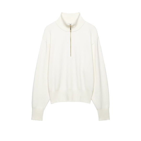 Damen Grobstrick-Pullover mit halbem Reißverschluss, Stehkragen und überschnittenen Ärmeln Shop Nory