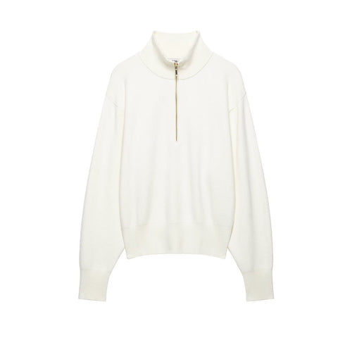 Damen Grobstrick-Pullover mit halbem Reißverschluss, Stehkragen und überschnittenen Ärmeln Shop Nory