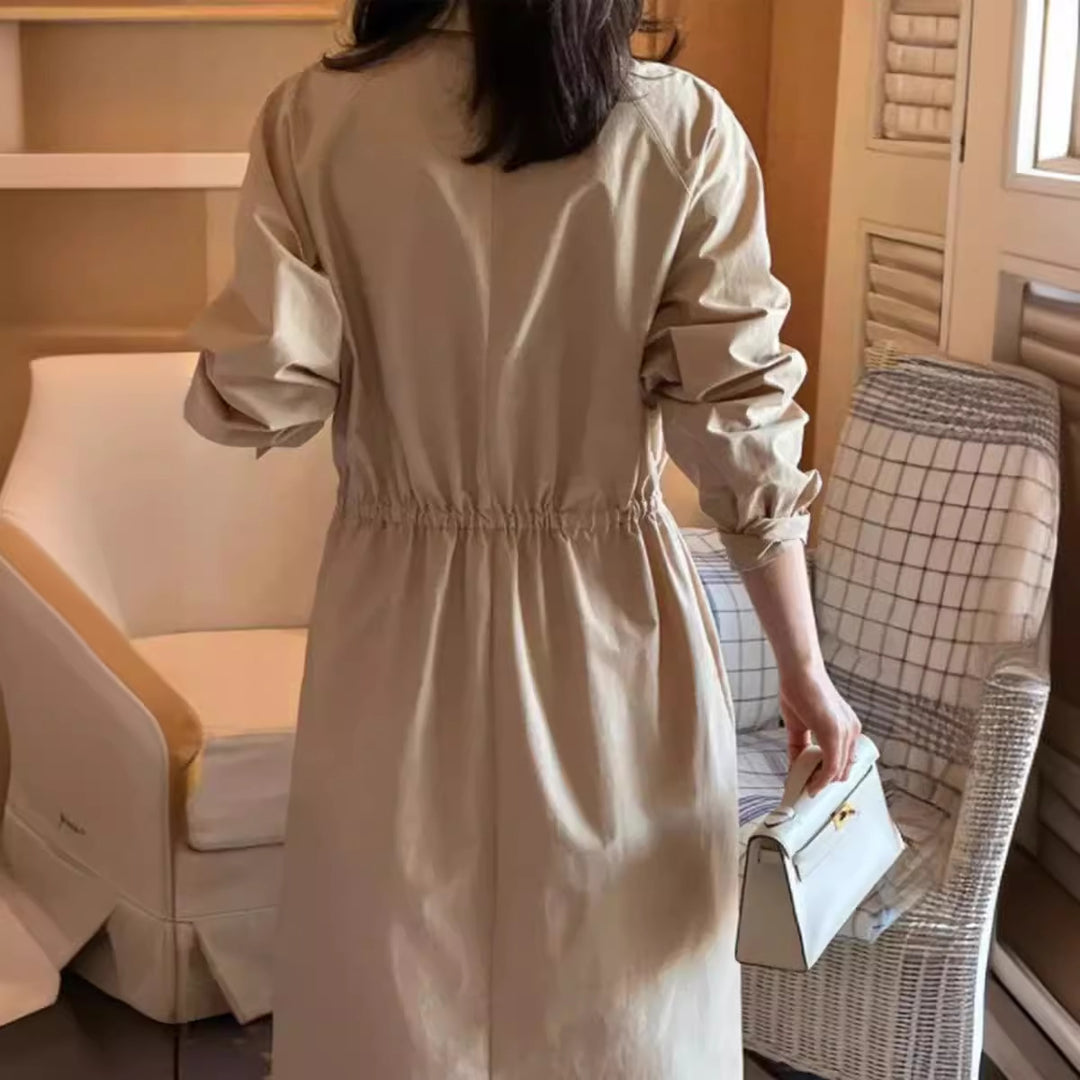 Damen Langärmeliges Hemdblusen-Maxikleid mit Taillengürtel und Eingrifftaschen Shop Nory