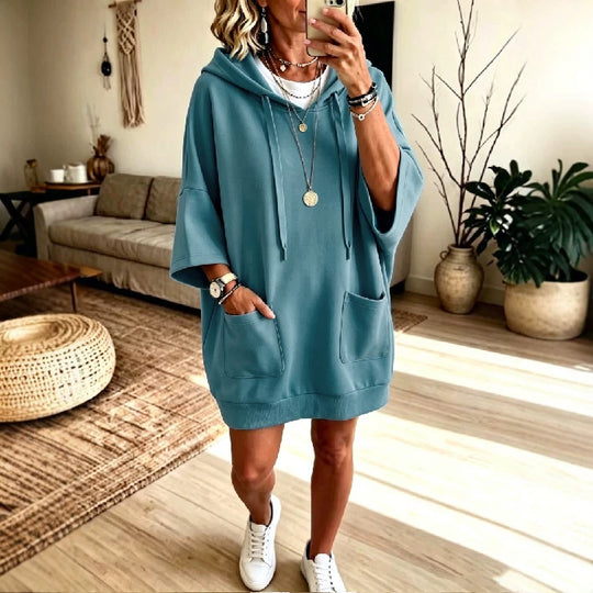 Damen Oversize Hoodie-Kleid mit Kängurutaschen und halblangen Ärmeln Shop Nory