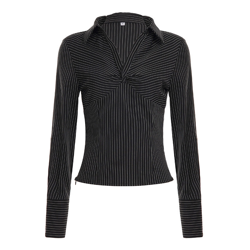 Damen nan tailliertes Langarmshirt mit Twist‑V‑Ausschnitt, Hemdkragen und Nadelstreifen-Optik Shop Nory